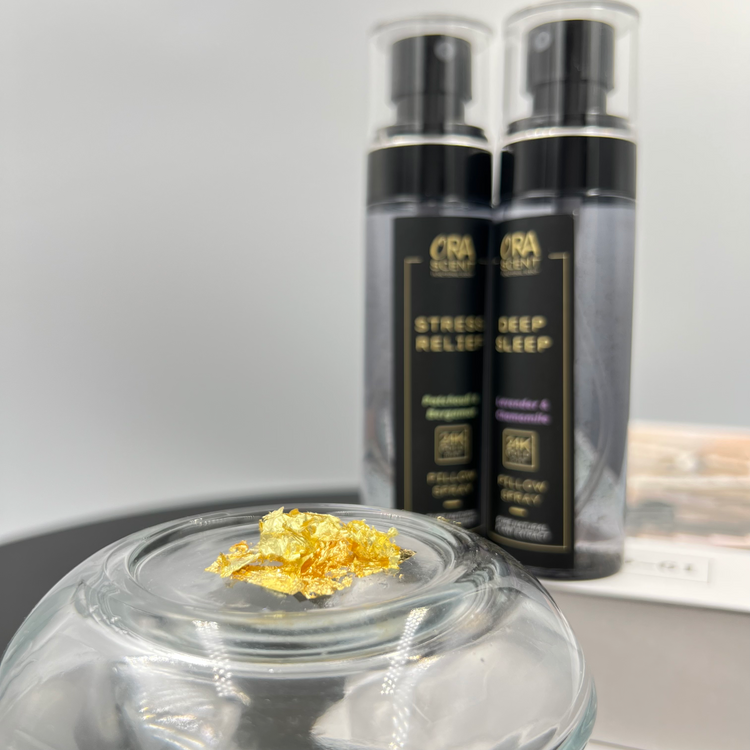 [NEW] Pillow and room spray mist with 24K pure gold and infused with functional scent "Olfactory System" technology jointly produce in Switzerland. A new type of Aromatherapy with scent that does more than smelling good. Ora Scent. Ora Bedding Singapore. Home fragrance. Essential oil.