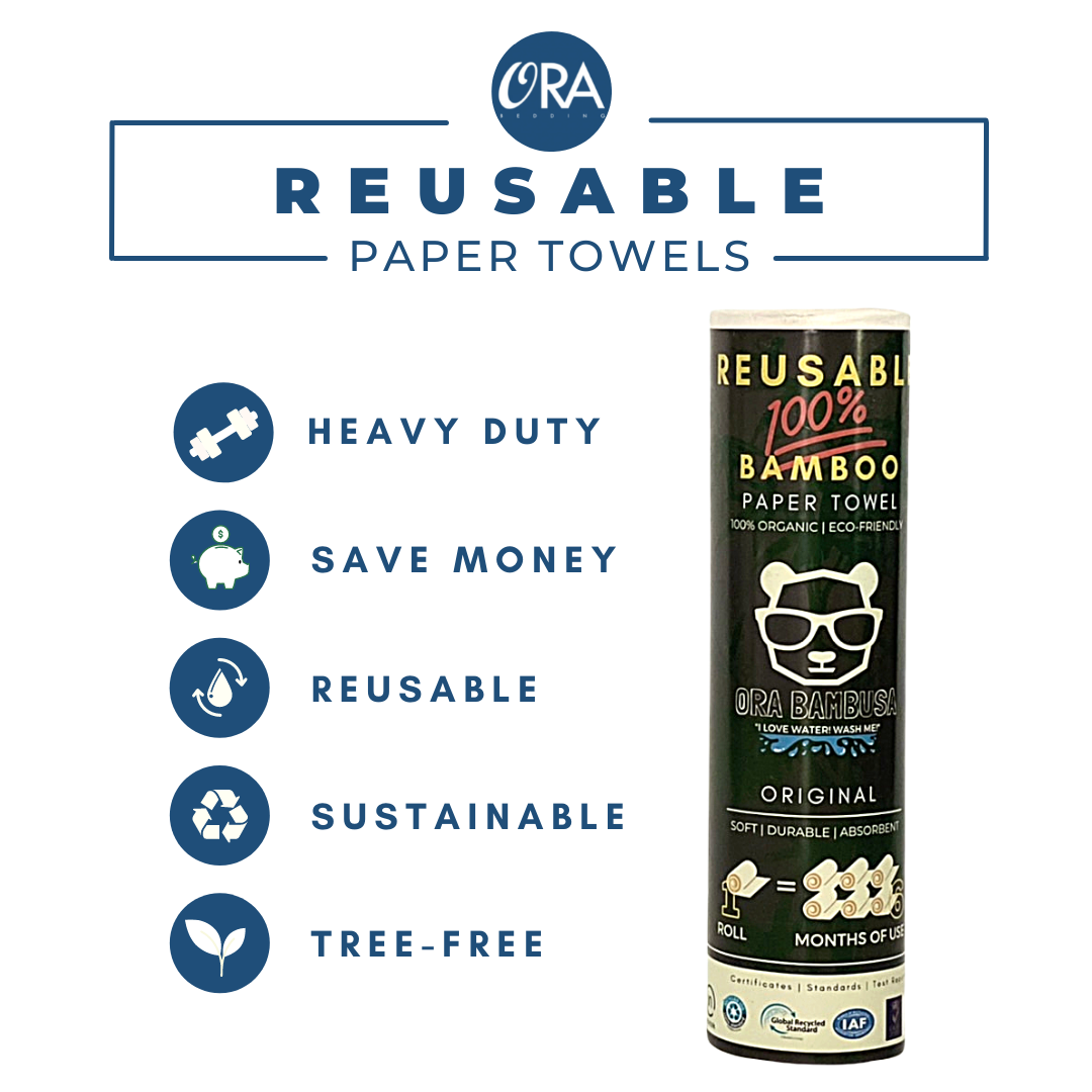 OraBambusa 100% natural Bamboo reusable washable kitchen paper rolls towels. Antibacterial, sustainable, eco-friendly, tree free and absorbent