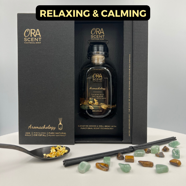 [NEW] Reed diffuser with 24K pure Gold and healing Crystals. Infused with functional scent "Olfactory System" technology jointly produce in Switzerland. A new type of Aromatherapy with scent that does more than smelling good. Ora Scent. Ora Bedding Singapore. Home fragrance.
