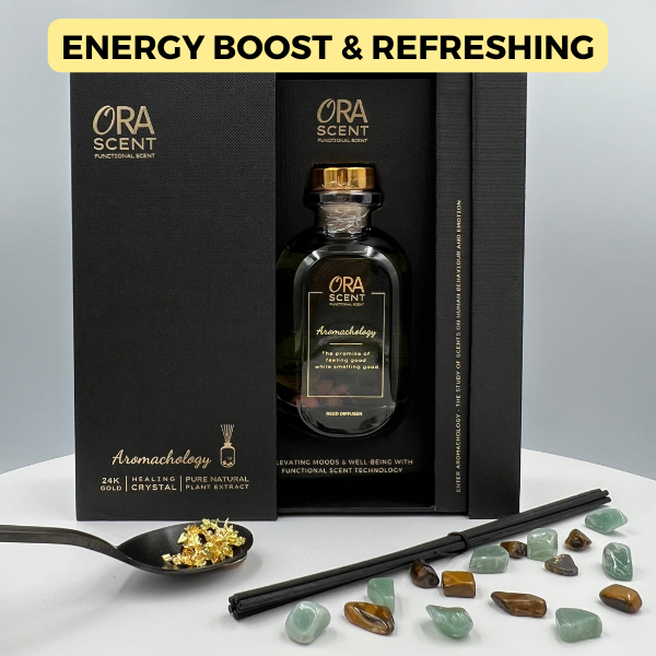 [NEW] Reed diffuser with 24K pure Gold and healing Crystals. Infused with functional scent "Olfactory System" technology jointly produce in Switzerland. A new type of Aromatherapy with scent that does more than smelling good. Ora Scent. Ora Bedding Singapore. Home fragrance.