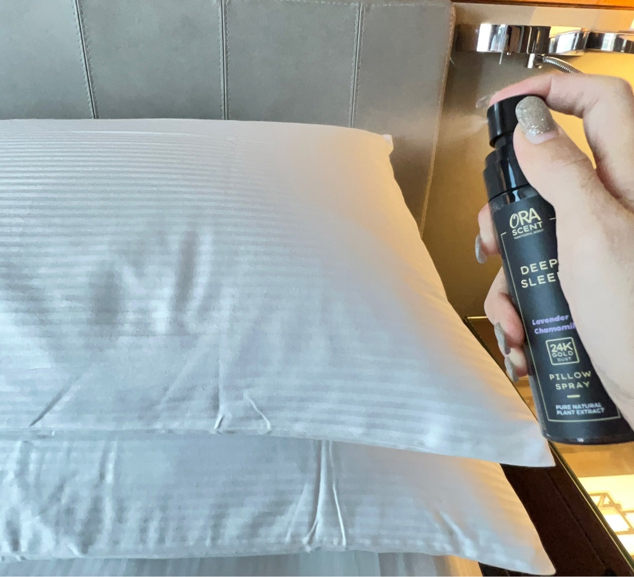 [NEW] Pillow and room spray mist with 24K pure gold and infused with functional scent "Olfactory System" technology jointly produce in Switzerland. A new type of Aromatherapy with scent that does more than smelling good. Ora Scent. Ora Bedding Singapore. Home fragrance. Essential oil.